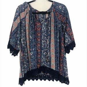 French Laundry blouse with lace hem boho size M